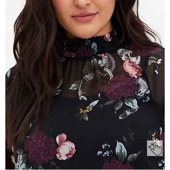 BLACK FLORAL CHIFFON SMOCKED MOCK NECK BLOUSE - Picture 4 of 10